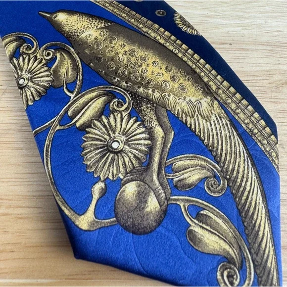 LANVIN Men's Designer Paris Made in France Gold Blue Bird Silk Tie - Picture 1 of 6
